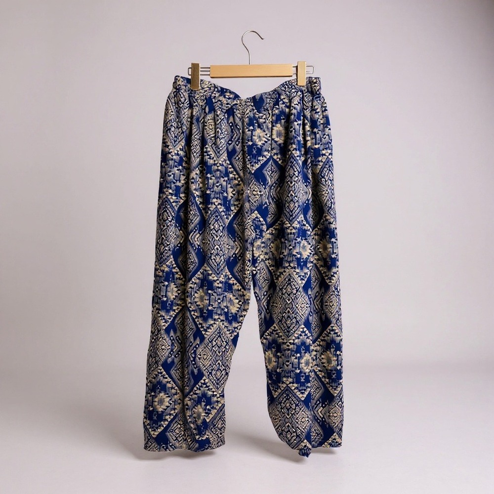 Blue & Cream Geometric Print Harem Pants |‎ Elastic Waist | Lightweight Boho